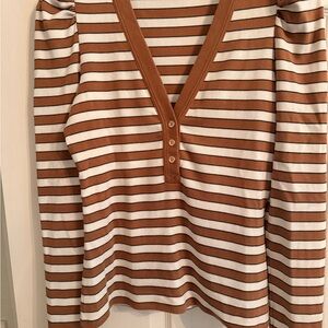 Veronica Beard Brown and White Striped Button Down Shirt.